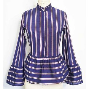 Le Sarte Pettegole Womens Navy Peplum Cotton Top Bouse Shirt Ruffle  Collar.